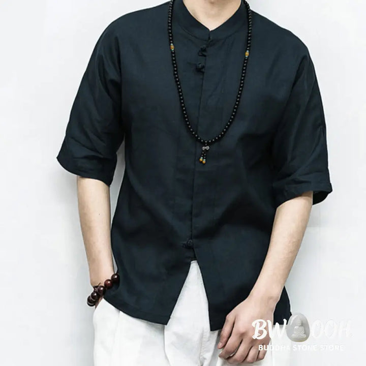 Buddha Stones Chinese Frog-Button Tang Suit Zen Half Sleeve Shirt Linen Men Clothing - Men’s Shirts