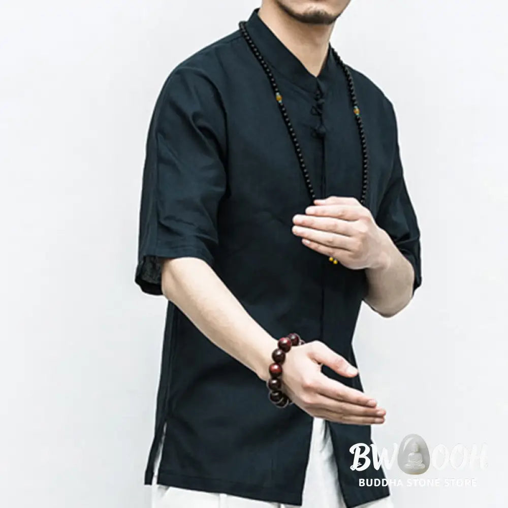 Buddha Stones Chinese Frog-Button Tang Suit Zen Half Sleeve Shirt Linen Men Clothing - Men’s Shirts