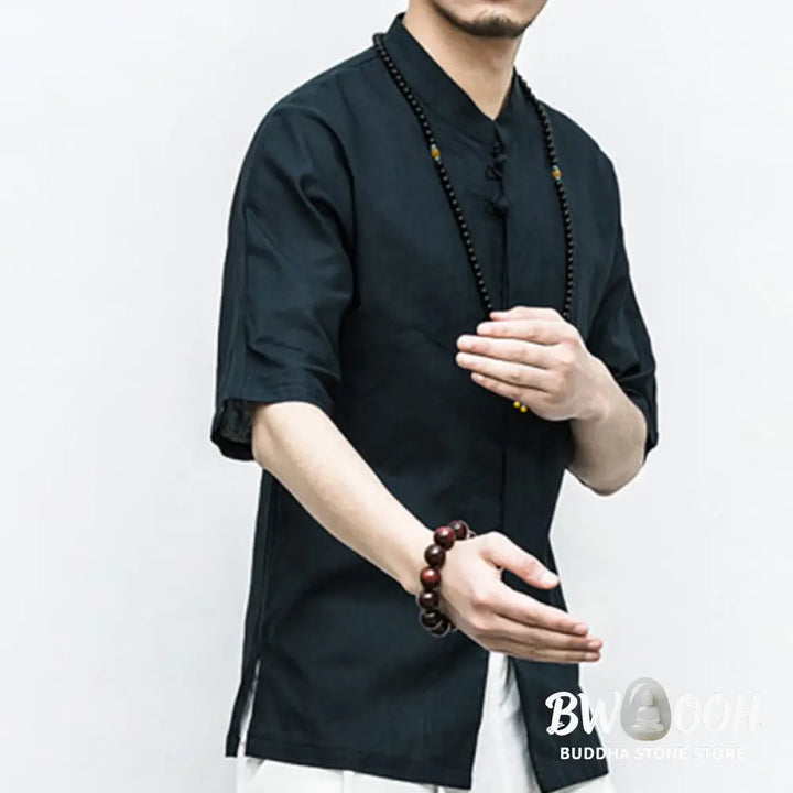 Buddha Stones Chinese Frog-Button Tang Suit Zen Half Sleeve Shirt Linen Men Clothing - Men’s Shirts