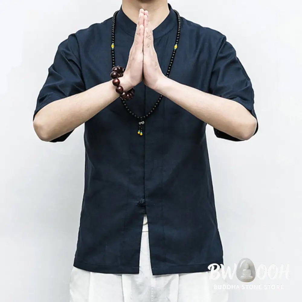 Buddha Stones Chinese Frog-Button Tang Suit Zen Half Sleeve Shirt Linen Men Clothing - Men’s Shirts