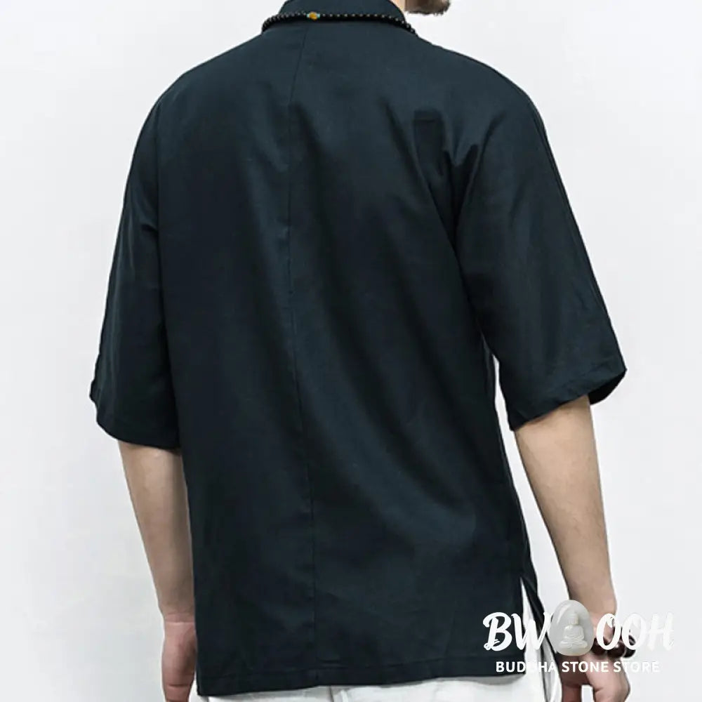 Buddha Stones Chinese Frog-Button Tang Suit Zen Half Sleeve Shirt Linen Men Clothing - Men’s Shirts