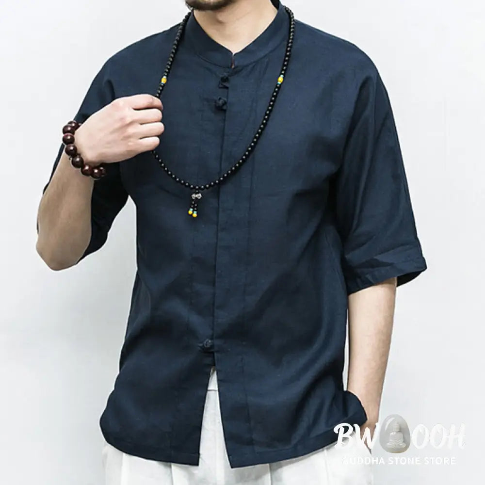 Buddha Stones Chinese Frog-Button Tang Suit Zen Half Sleeve Shirt Linen Men Clothing - Men’s Shirts