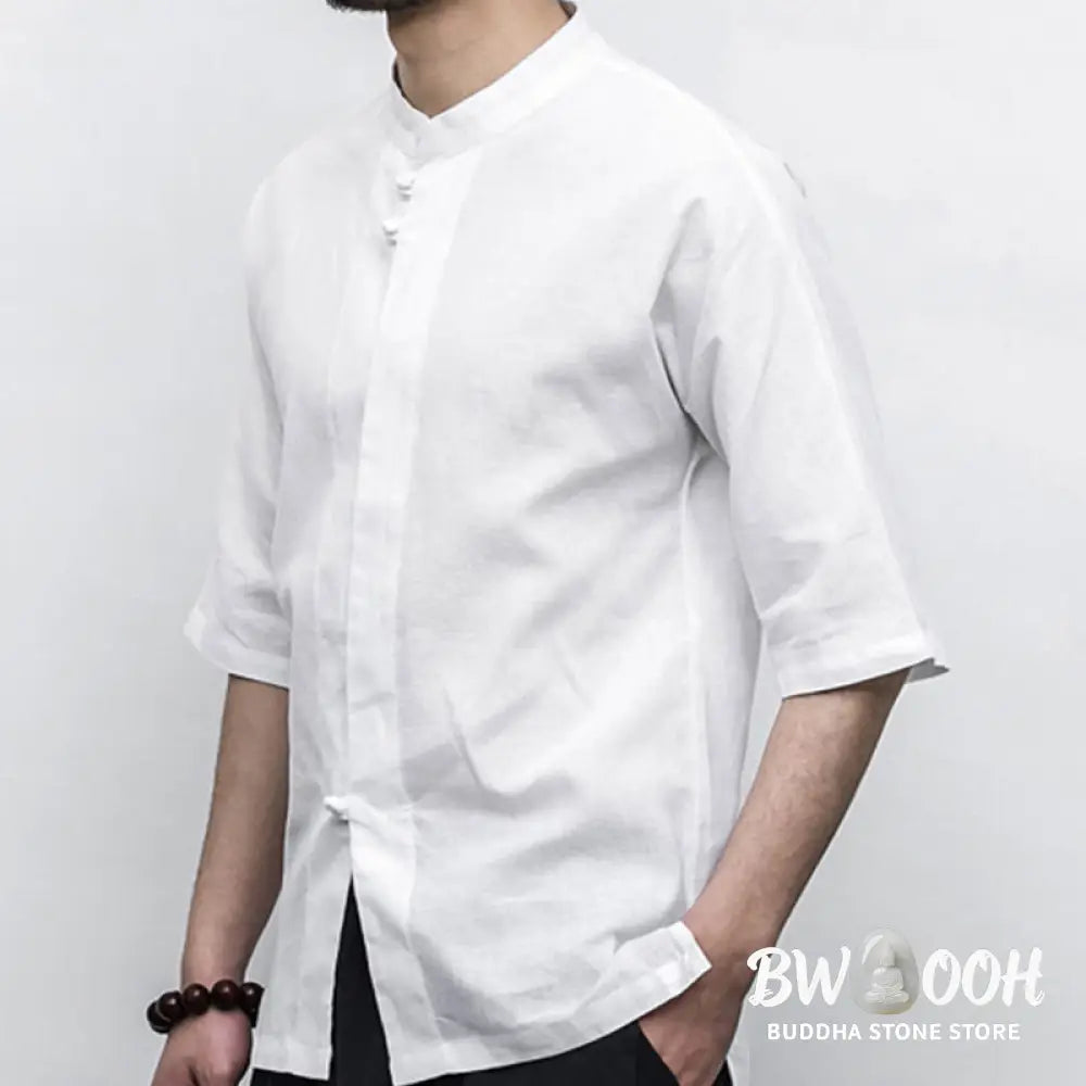 Buddha Stones Chinese Frog-Button Tang Suit Zen Half Sleeve Shirt Linen Men Clothing - Men’s Shirts