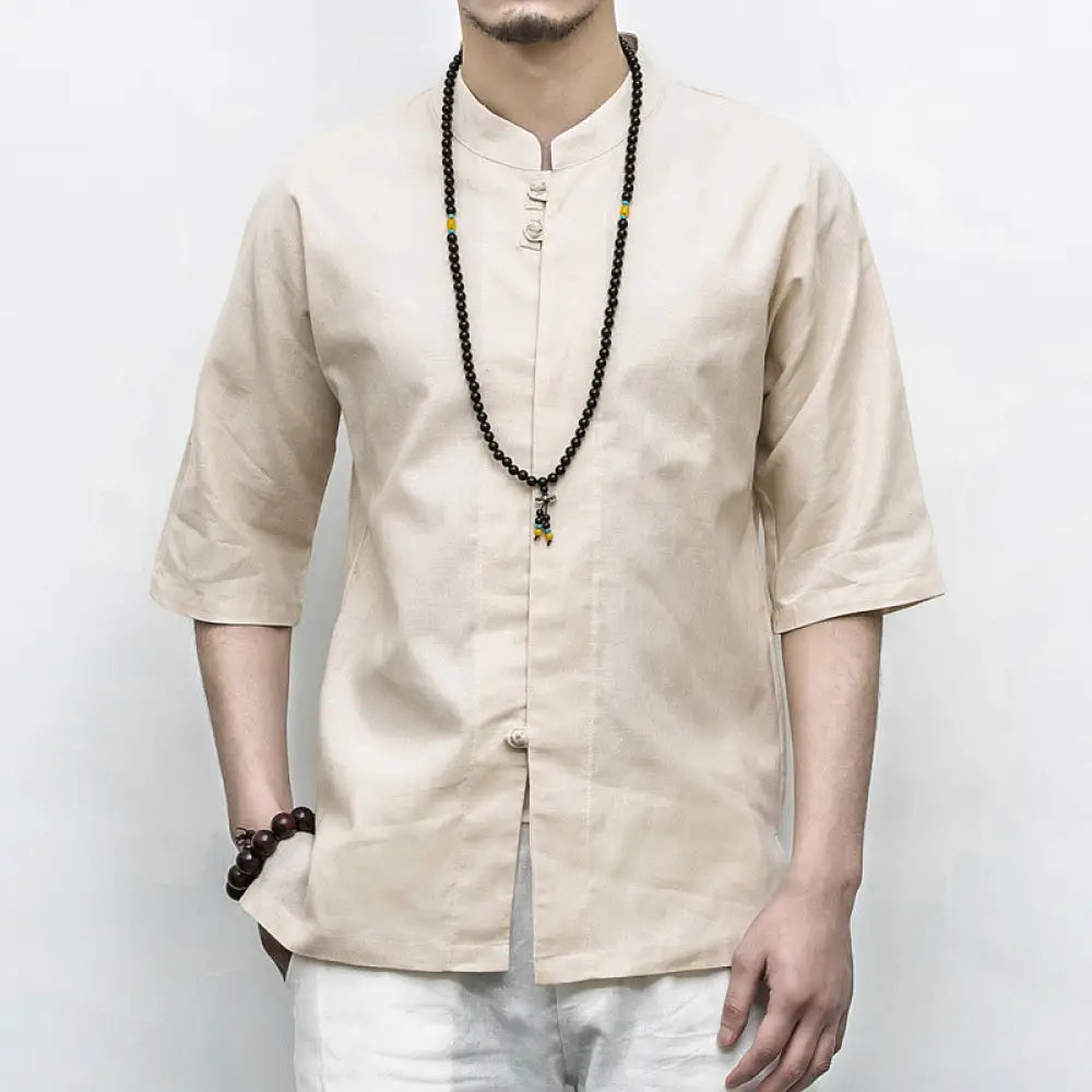 Buddha Stones Chinese Frog-Button Tang Suit Zen Half Sleeve Shirt Linen Men Clothing - Linen / US/UK/AU34，EU44 (M)