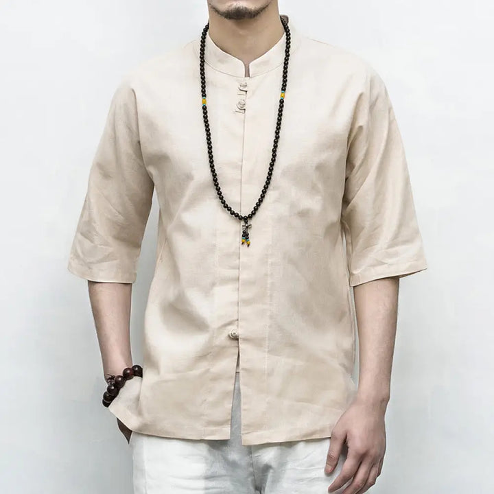 Buddha Stones Chinese Frog-Button Tang Suit Zen Half Sleeve Shirt Linen Men Clothing - Linen / US/UK/AU34，EU44 (M)