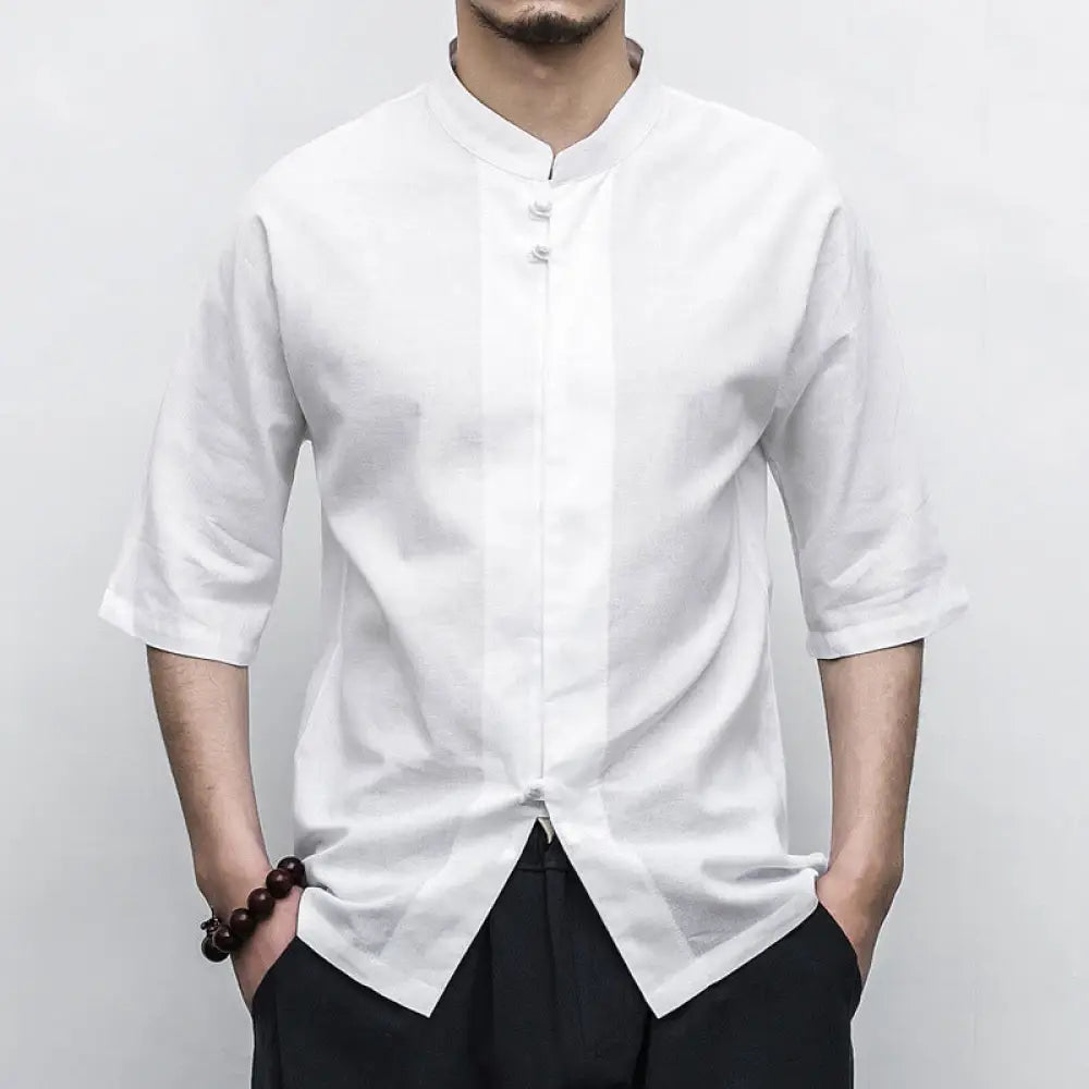 Buddha Stones Chinese Frog-Button Tang Suit Zen Half Sleeve Shirt Linen Men Clothing - White / US/UK/AU34，EU44 (M)