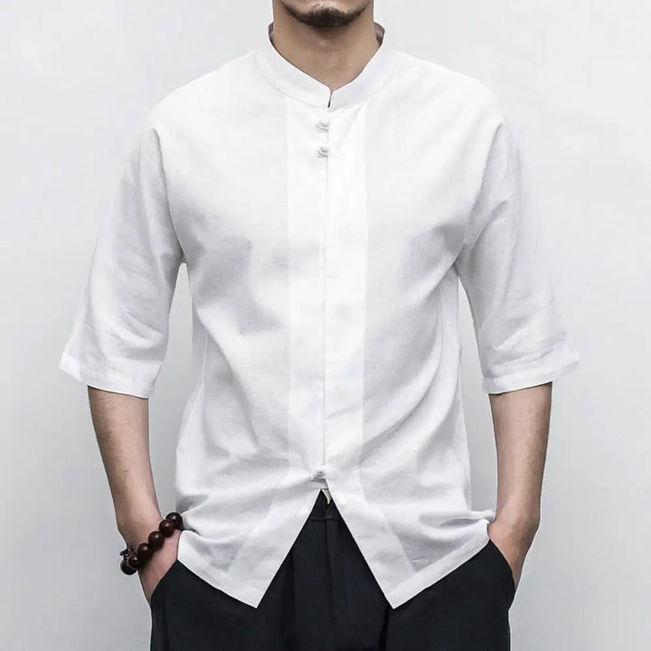 Buddha Stones Chinese Frog-Button Tang Suit Zen Half Sleeve Shirt Linen Men Clothing - White / US/UK/AU34，EU44 (M)