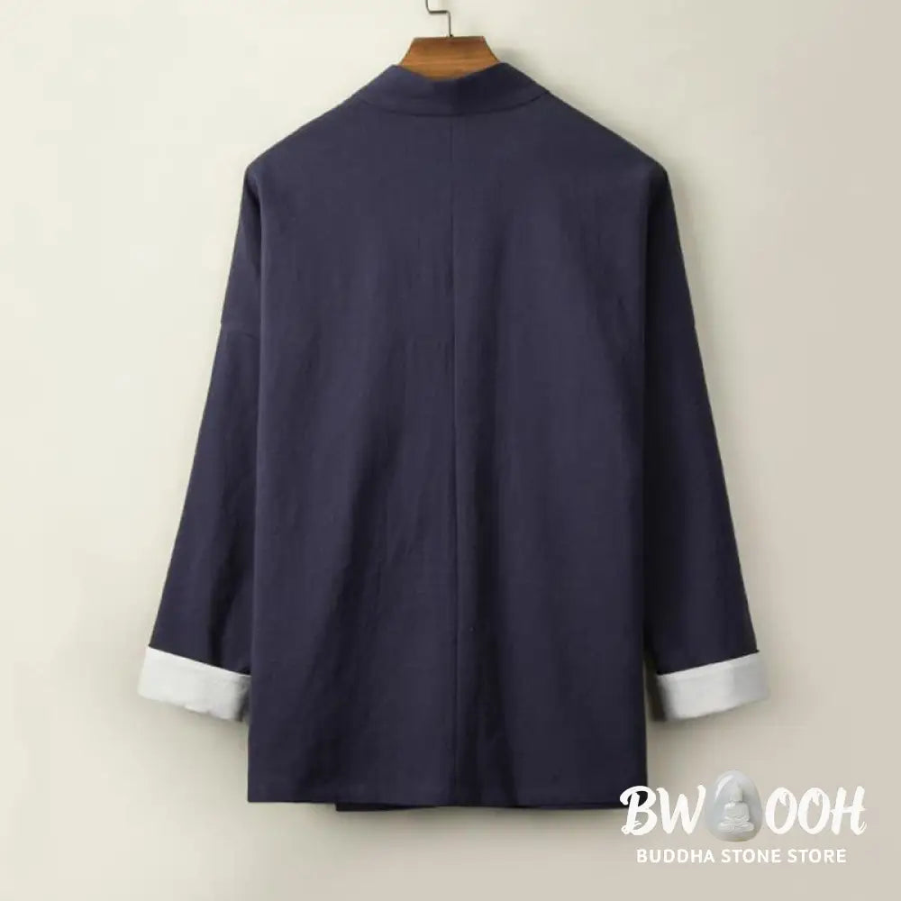 Buddha Stones Chinese Frog-Buttons Long Sleeve Design Open Front Jacket Men’s Cotton Linen Kimono - Men’s Kimono