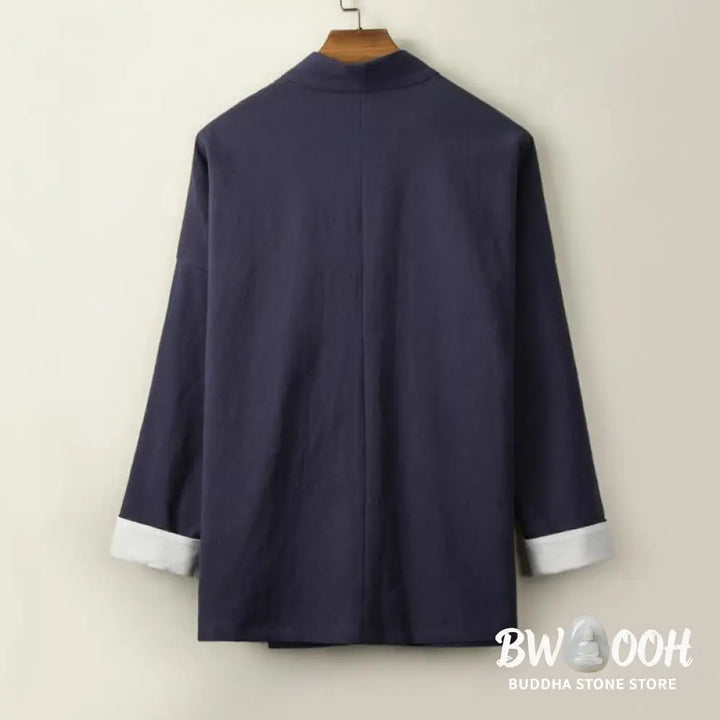 Buddha Stones Chinese Frog-Buttons Long Sleeve Design Open Front Jacket Men’s Cotton Linen Kimono - Men’s Kimono