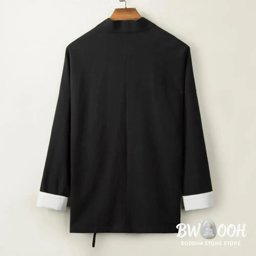 Buddha Stones Chinese Frog-Buttons Long Sleeve Design Open Front Jacket Men’s Cotton Linen Kimono - Men’s Kimono
