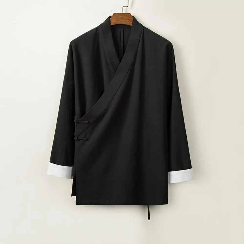 Buddha Stones Chinese Frog-Buttons Long Sleeve Design Open Front Jacket Men’s Cotton Linen Kimono - Black