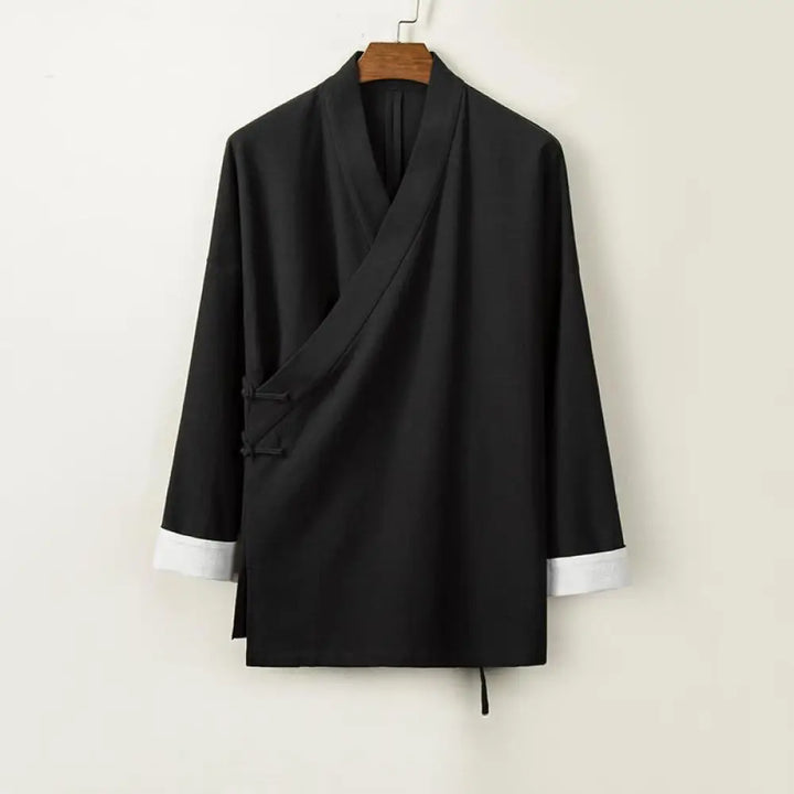 Buddha Stones Chinese Frog-Buttons Long Sleeve Design Open Front Jacket Men’s Cotton Linen Kimono - Black