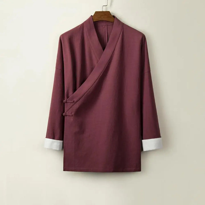 Buddha Stones Chinese Frog-Buttons Long Sleeve Design Open Front Jacket Men’s Cotton Linen Kimono - DarkRed