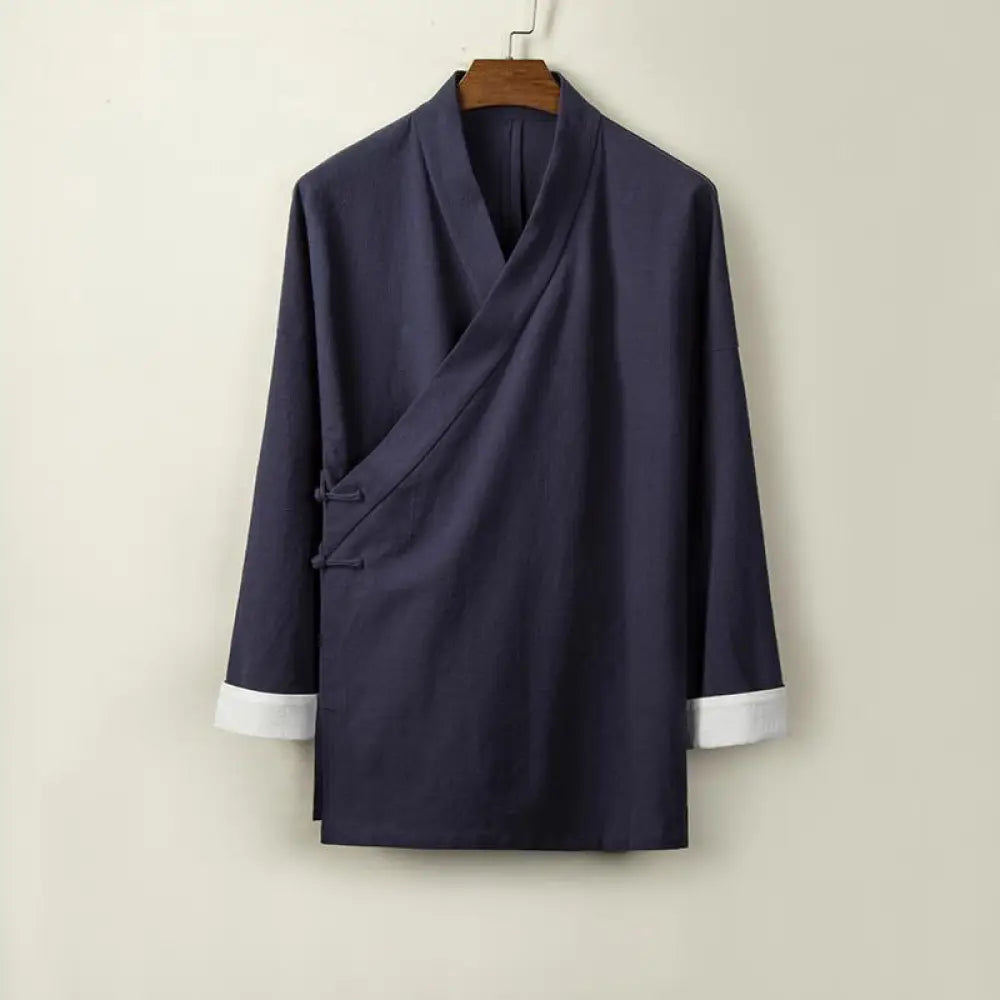 Buddha Stones Chinese Frog-Buttons Long Sleeve Design Open Front Jacket Men’s Cotton Linen Kimono - MidnightBlue