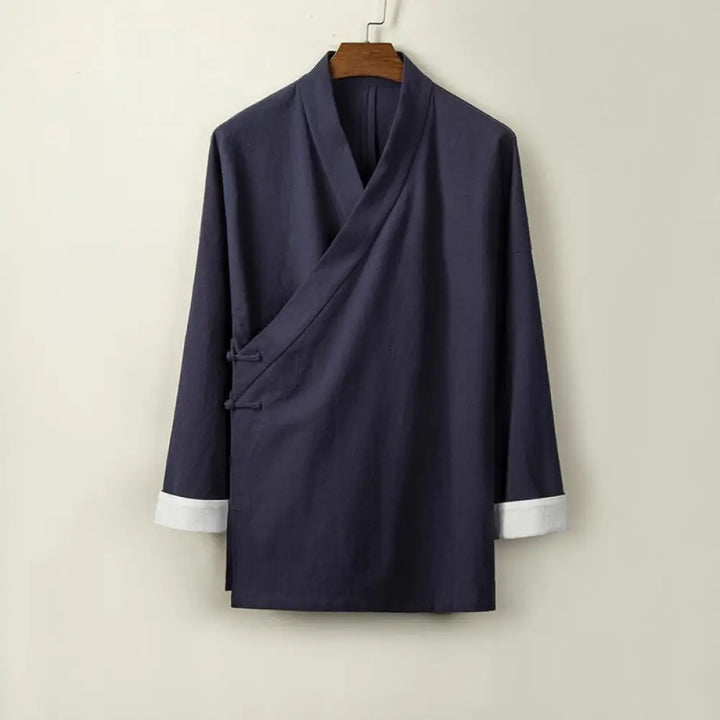 Buddha Stones Chinese Frog-Buttons Long Sleeve Design Open Front Jacket Men’s Cotton Linen Kimono - MidnightBlue