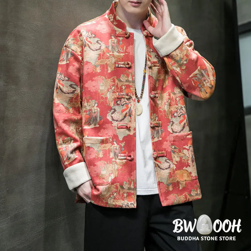 Buddha Stones Chinese New Year Clothes Ancient Figure Painting Solid Color Cuff Frog-button Tang Suit Cotton Men’s