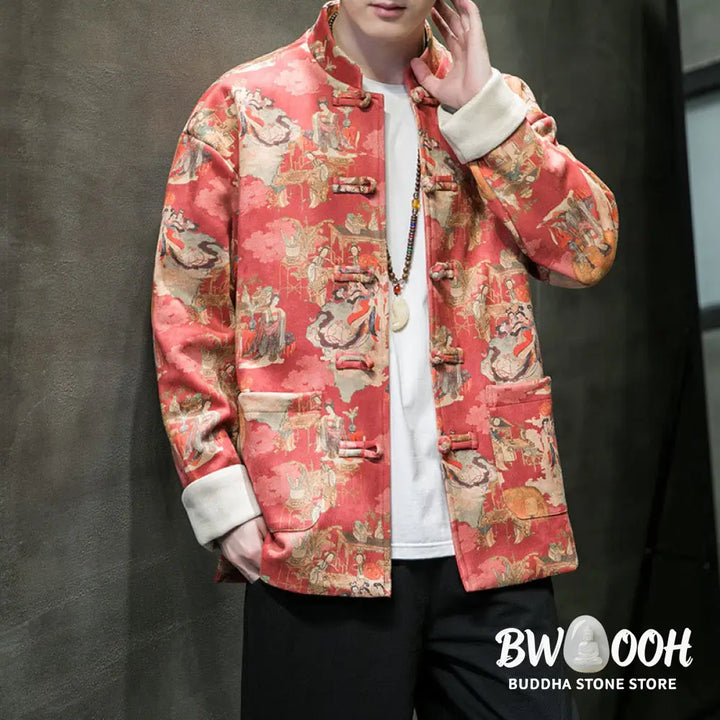 Buddha Stones Chinese New Year Clothes Ancient Figure Painting Solid Color Cuff Frog-button Tang Suit Cotton Men’s