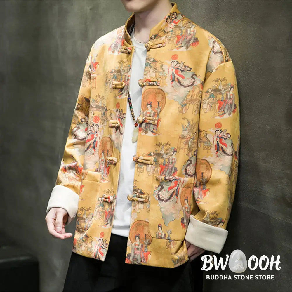 Buddha Stones Chinese New Year Clothes Ancient Figure Painting Solid Color Cuff Frog-button Tang Suit Cotton Men’s