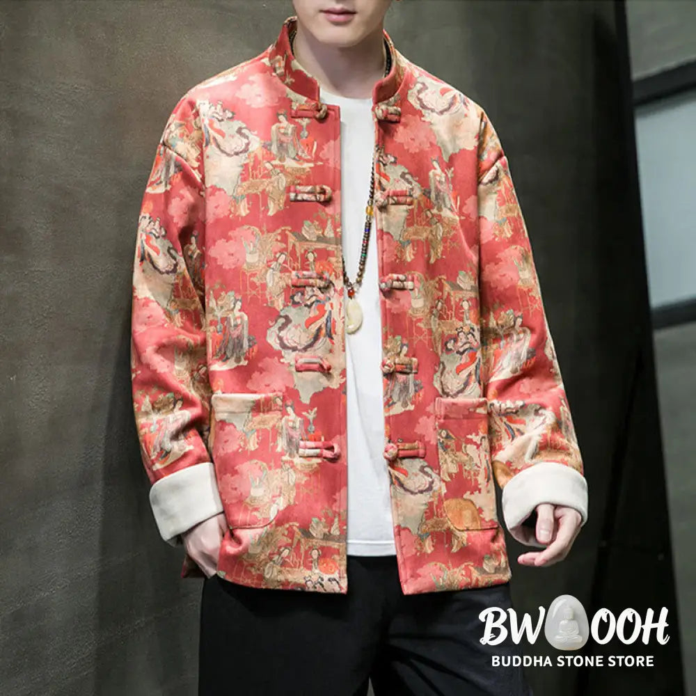Buddha Stones Chinese New Year Clothes Ancient Figure Painting Solid Color Cuff Frog-button Tang Suit Cotton Men’s