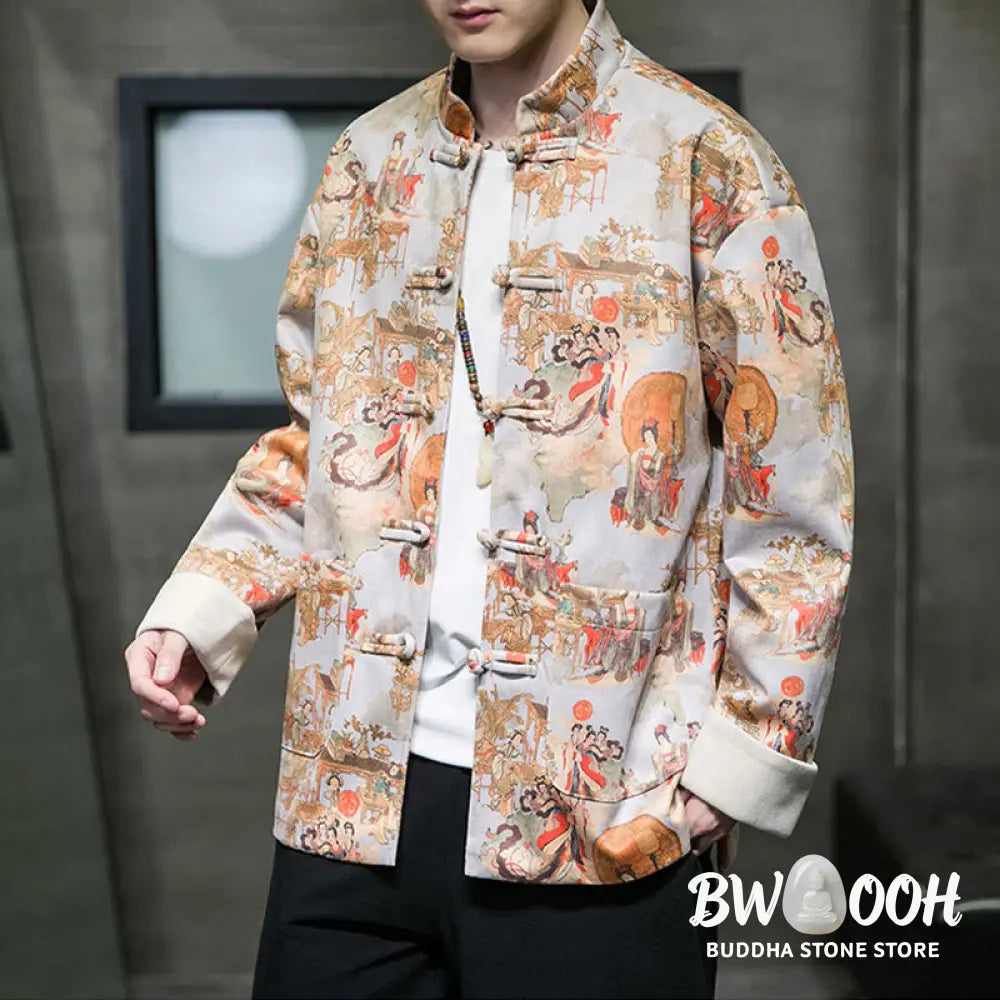 Buddha Stones Chinese New Year Clothes Ancient Figure Painting Solid Color Cuff Frog-button Tang Suit Cotton Men’s