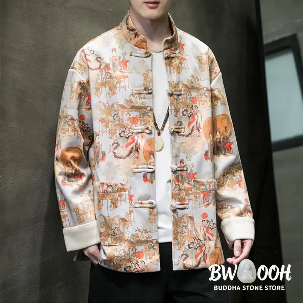 Buddha Stones Chinese New Year Clothes Ancient Figure Painting Solid Color Cuff Frog-button Tang Suit Cotton Men’s