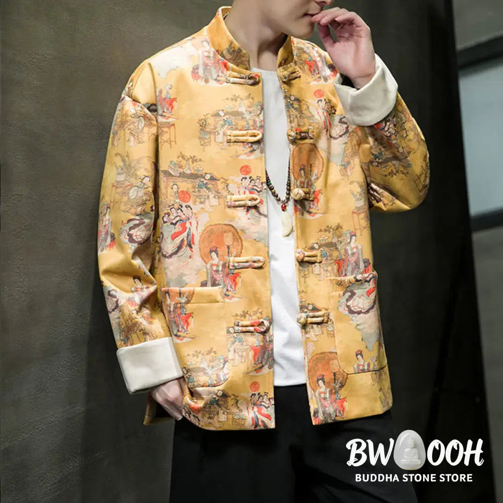 Buddha Stones Chinese New Year Clothes Ancient Figure Painting Solid Color Cuff Frog-button Tang Suit Cotton Men’s