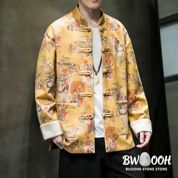 Buddha Stones Chinese New Year Clothes Ancient Figure Painting Solid Color Cuff Frog-button Tang Suit Cotton Men’s