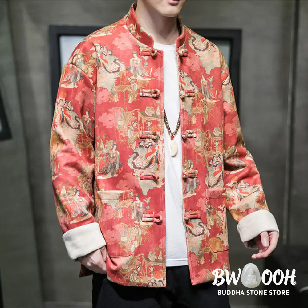 Buddha Stones Chinese New Year Clothes Ancient Figure Painting Solid Color Cuff Frog-button Tang Suit Cotton Men’s