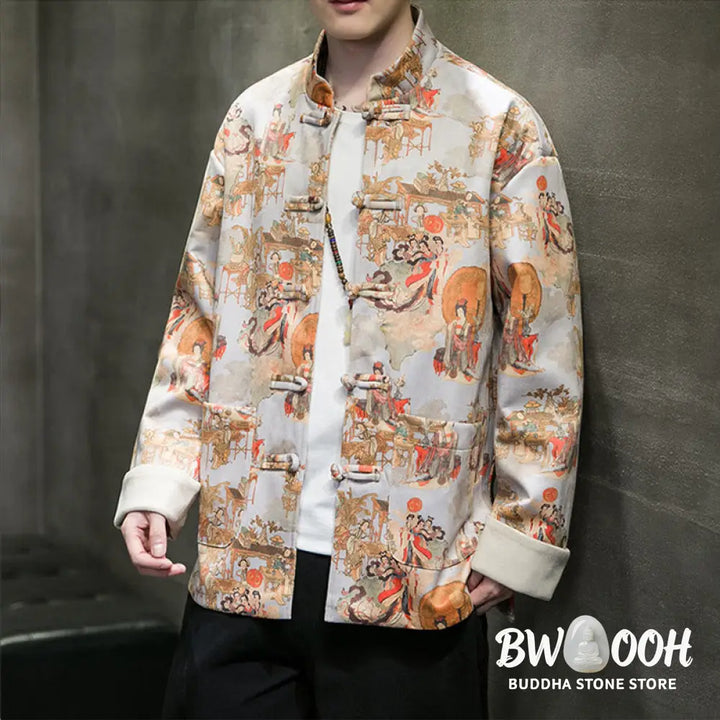 Buddha Stones Chinese New Year Clothes Ancient Figure Painting Solid Color Cuff Frog-button Tang Suit Cotton Men’s
