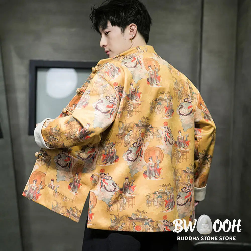 Buddha Stones Chinese New Year Clothes Ancient Figure Painting Solid Color Cuff Frog-button Tang Suit Cotton Men’s