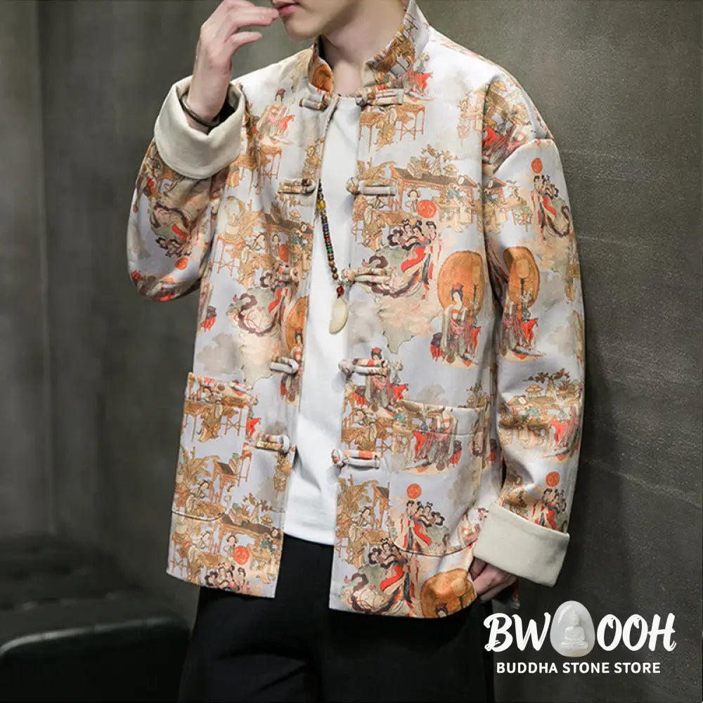 Buddha Stones Chinese New Year Clothes Ancient Figure Painting Solid Color Cuff Frog-button Tang Suit Cotton Men’s