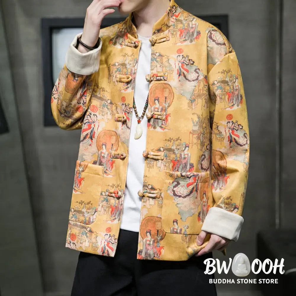 Buddha Stones Chinese New Year Clothes Ancient Figure Painting Solid Color Cuff Frog-button Tang Suit Cotton Men’s