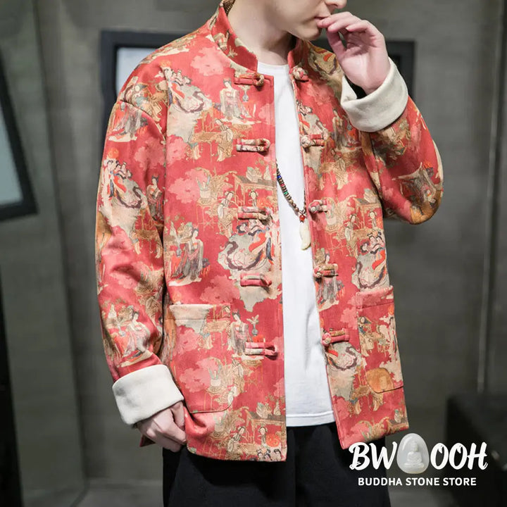 Buddha Stones Chinese New Year Clothes Ancient Figure Painting Solid Color Cuff Frog-button Tang Suit Cotton Men’s