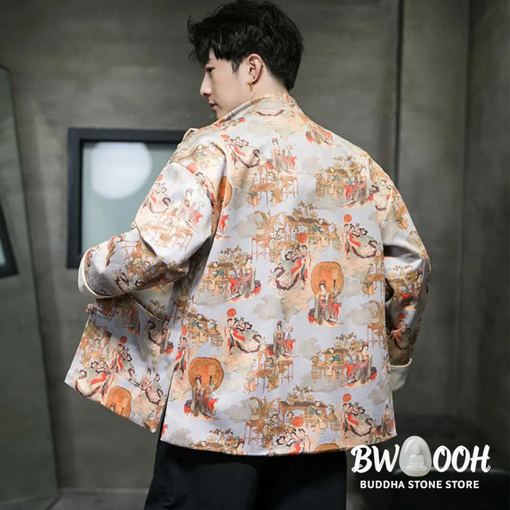 Buddha Stones Chinese New Year Clothes Ancient Figure Painting Solid Color Cuff Frog-button Tang Suit Cotton Men’s