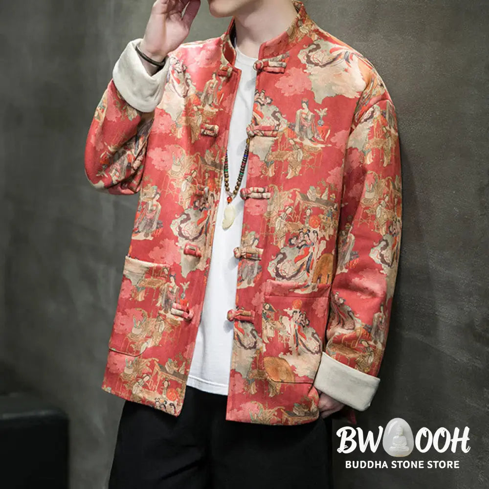 Buddha Stones Chinese New Year Clothes Ancient Figure Painting Solid Color Cuff Frog-button Tang Suit Cotton Men’s
