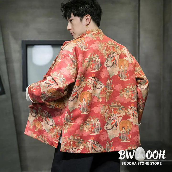 Buddha Stones Chinese New Year Clothes Ancient Figure Painting Solid Color Cuff Frog-button Tang Suit Cotton Men’s