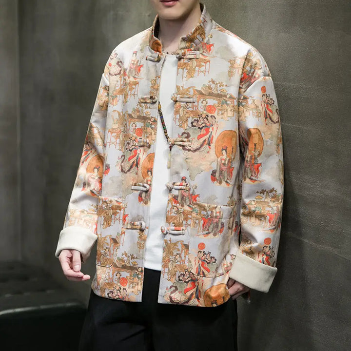 Buddha Stones Chinese New Year Clothes Ancient Figure Painting Solid Color Cuff Frog-button Tang Suit Cotton Men’s