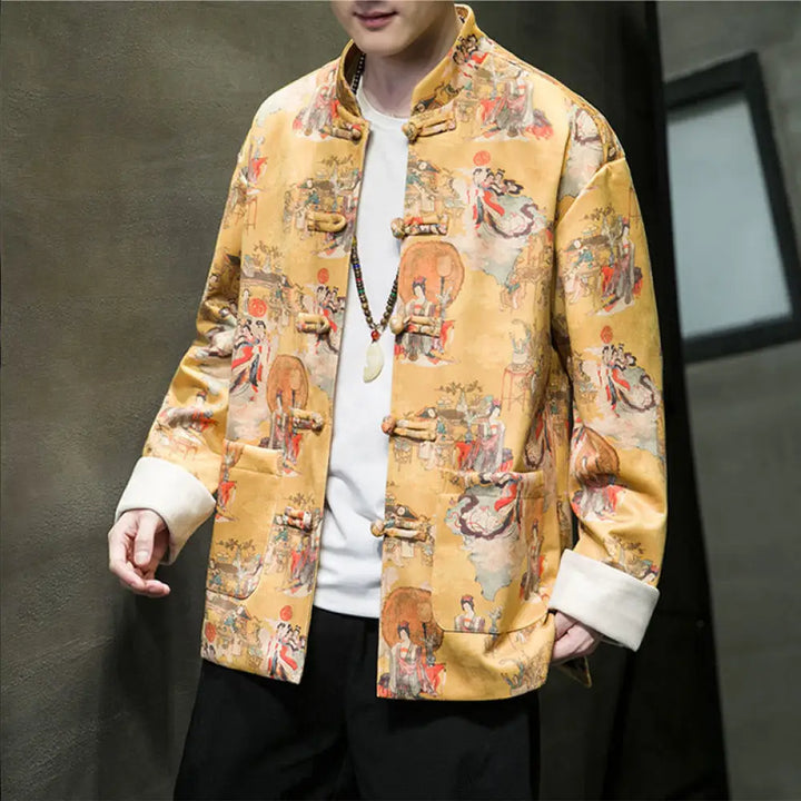 Buddha Stones Chinese New Year Clothes Ancient Figure Painting Solid Color Cuff Frog-button Tang Suit Cotton Men’s