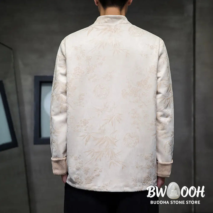 Buddha Stones Chinese New Year Clothes Flowers Bamboo Solid Color Cuff Frog-button Tang Suit Cotton Men’s Jacket Shirt