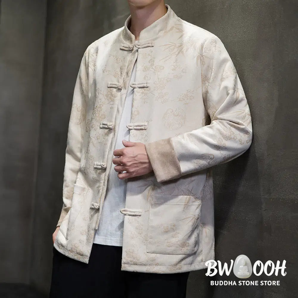 Buddha Stones Chinese New Year Clothes Flowers Bamboo Solid Color Cuff Frog-button Tang Suit Cotton Men’s Jacket Shirt
