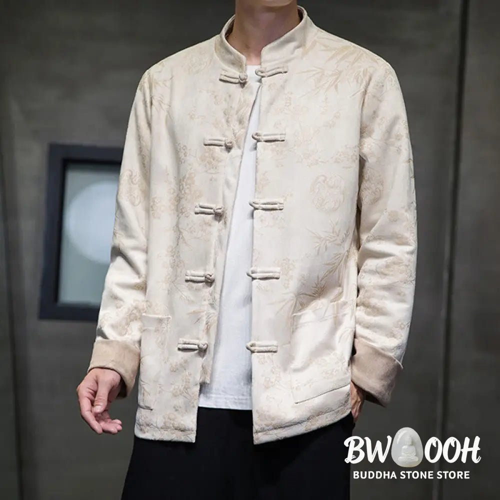 Buddha Stones Chinese New Year Clothes Flowers Bamboo Solid Color Cuff Frog-button Tang Suit Cotton Men’s Jacket Shirt