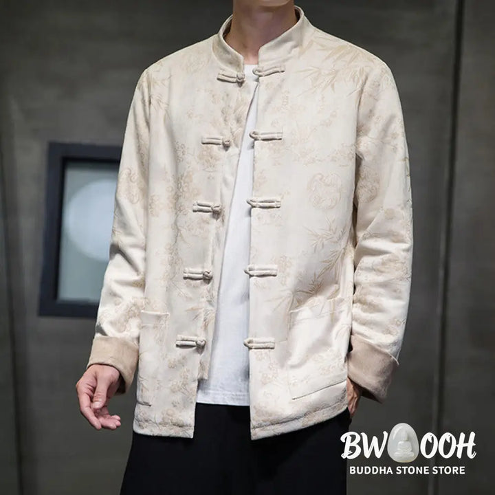 Buddha Stones Chinese New Year Clothes Flowers Bamboo Solid Color Cuff Frog-button Tang Suit Cotton Men’s Jacket Shirt