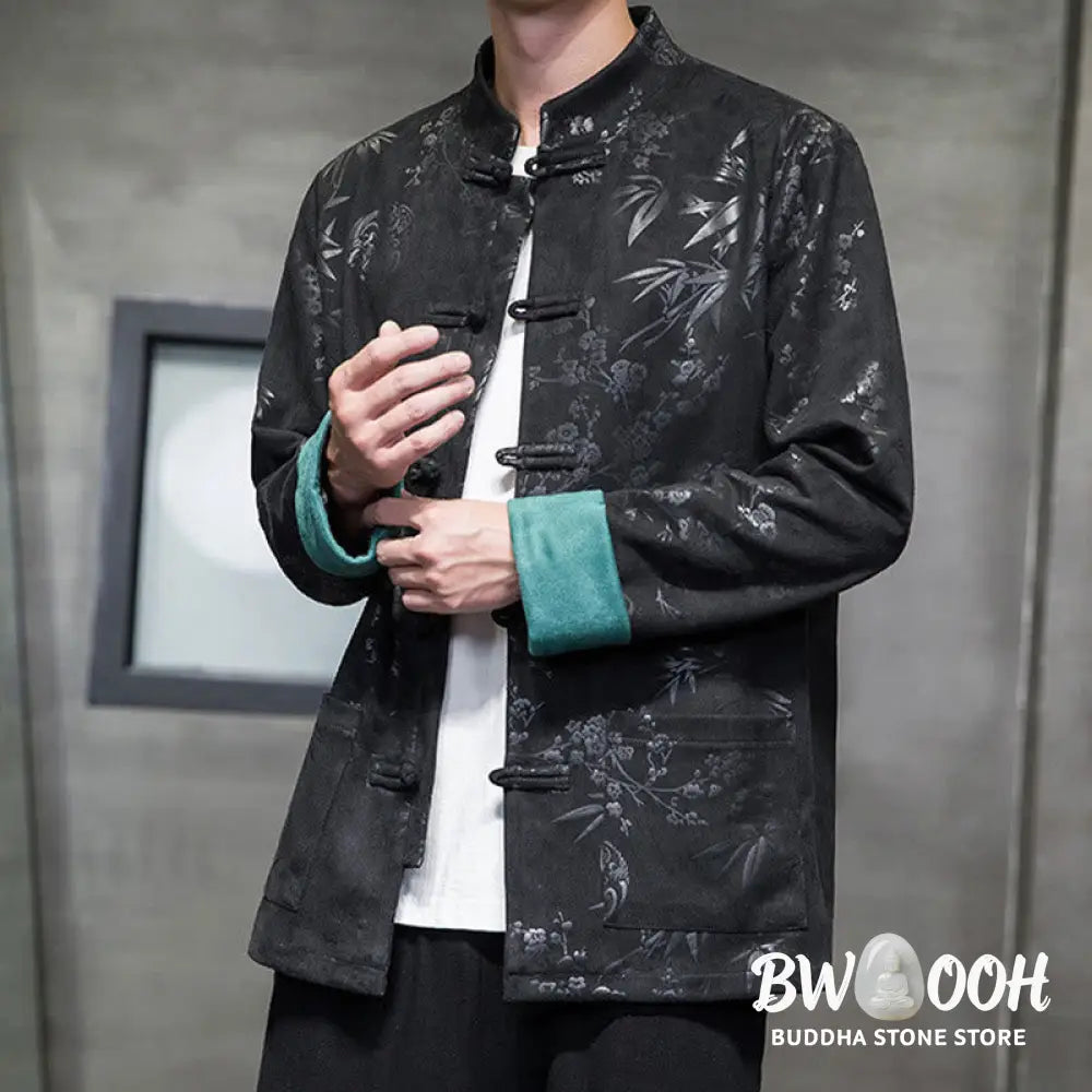 Buddha Stones Chinese New Year Clothes Flowers Bamboo Solid Color Cuff Frog-button Tang Suit Cotton Men’s Jacket Shirt