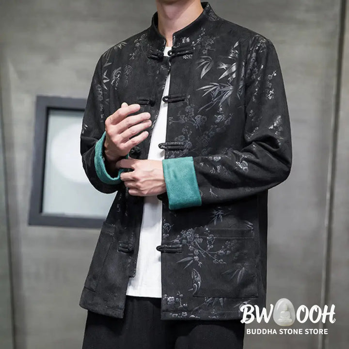 Buddha Stones Chinese New Year Clothes Flowers Bamboo Solid Color Cuff Frog-button Tang Suit Cotton Men’s Jacket Shirt