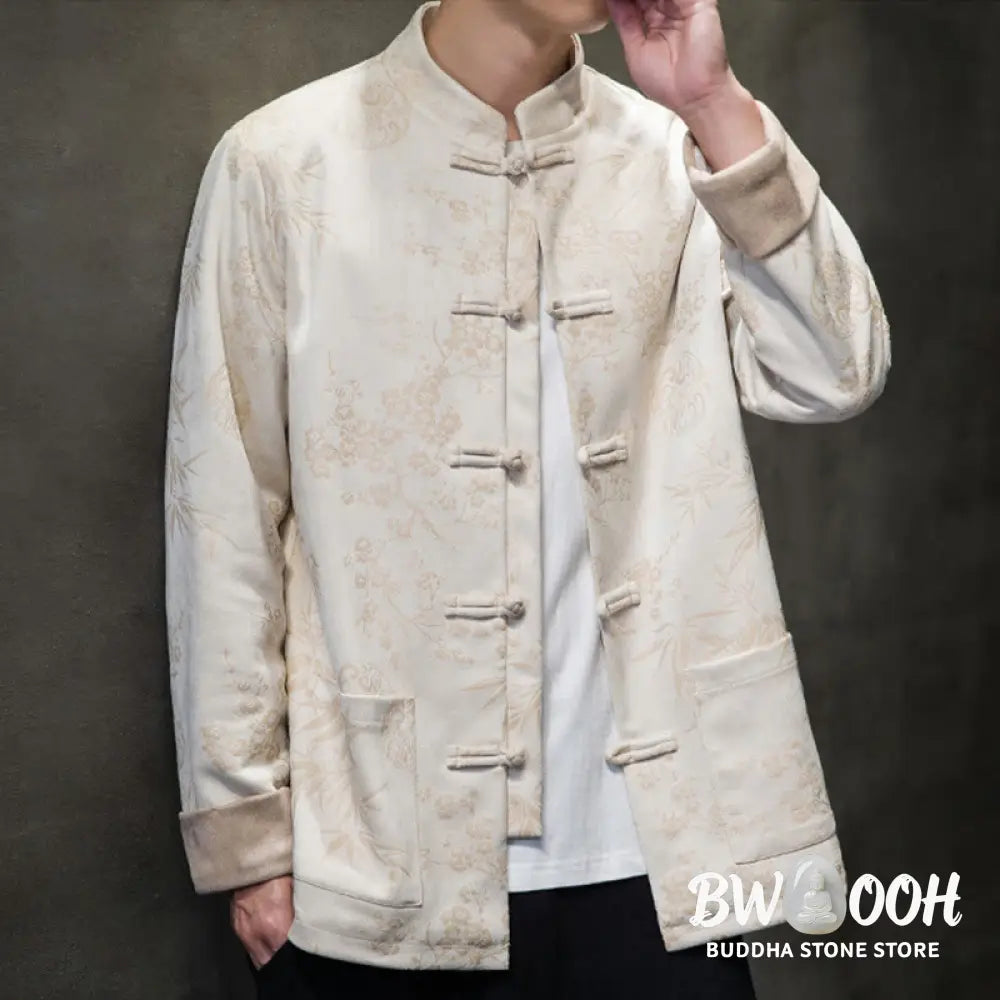 Buddha Stones Chinese New Year Clothes Flowers Bamboo Solid Color Cuff Frog-button Tang Suit Cotton Men’s Jacket Shirt