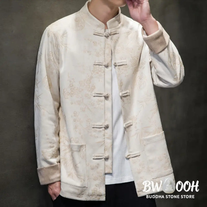 Buddha Stones Chinese New Year Clothes Flowers Bamboo Solid Color Cuff Frog-button Tang Suit Cotton Men’s Jacket Shirt