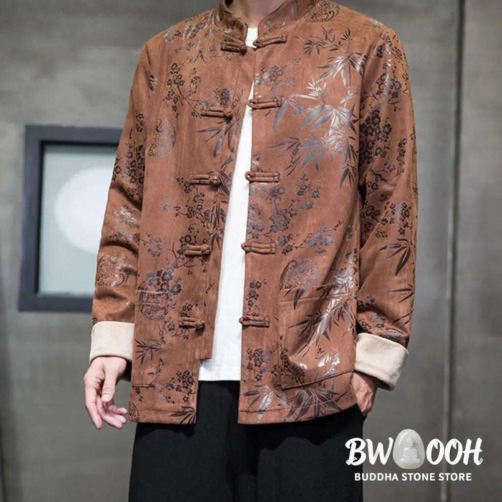 Buddha Stones Chinese New Year Clothes Flowers Bamboo Solid Color Cuff Frog-button Tang Suit Cotton Men’s Jacket Shirt