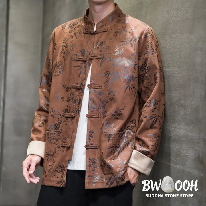 Buddha Stones Chinese New Year Clothes Flowers Bamboo Solid Color Cuff Frog-button Tang Suit Cotton Men’s Jacket Shirt