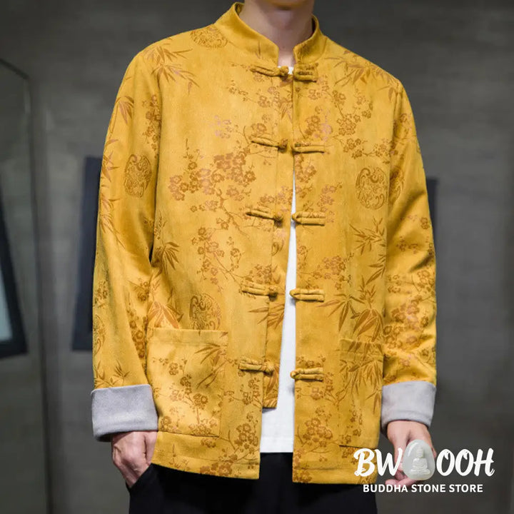 Buddha Stones Chinese New Year Clothes Flowers Bamboo Solid Color Cuff Frog-button Tang Suit Cotton Men’s Jacket Shirt