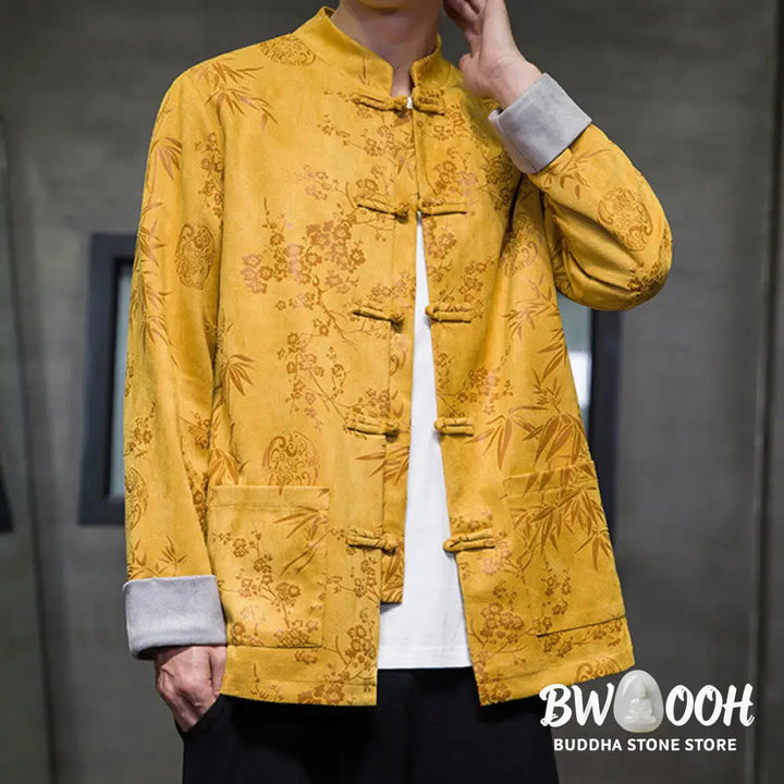 Buddha Stones Chinese New Year Clothes Flowers Bamboo Solid Color Cuff Frog-button Tang Suit Cotton Men’s Jacket Shirt